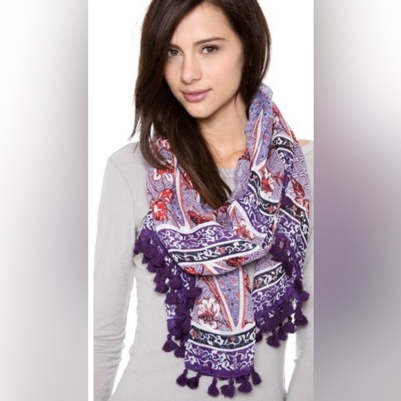 TORY BURCH Purple Floral Tassel Linen Blend Scarf - Picture 1 of 7